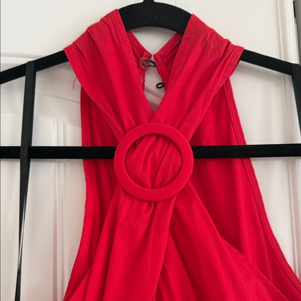Red Halter Midi Dress with Ring Detail - Picture 2 of 5